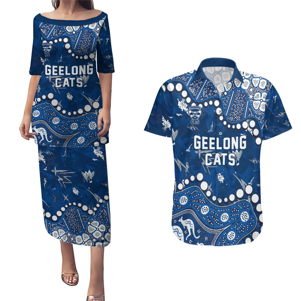 Personalized Geelong Cats Couples Matching Puletasi and Hawaiian Shirt Aboriginal Pattern with Graffiti Style
