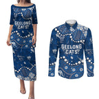 Personalized Geelong Cats Couples Matching Puletasi and Long Sleeve Button Shirt Aboriginal Pattern with Graffiti Style