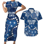 Personalized Geelong Cats Couples Matching Short Sleeve Bodycon Dress and Hawaiian Shirt Aboriginal Pattern with Graffiti Style