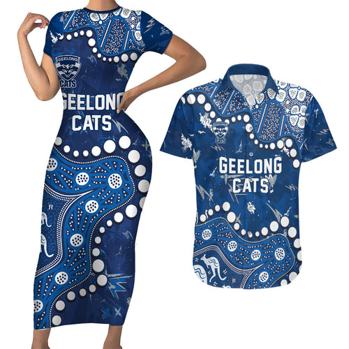 Personalized Geelong Cats Couples Matching Short Sleeve Bodycon Dress and Hawaiian Shirt Aboriginal Pattern with Graffiti Style