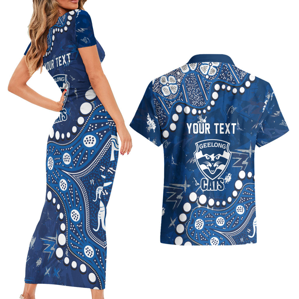 Personalized Geelong Cats Couples Matching Short Sleeve Bodycon Dress and Hawaiian Shirt Aboriginal Pattern with Graffiti Style