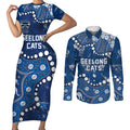 Personalized Geelong Cats Couples Matching Short Sleeve Bodycon Dress and Long Sleeve Button Shirt Aboriginal Pattern with Graffiti Style