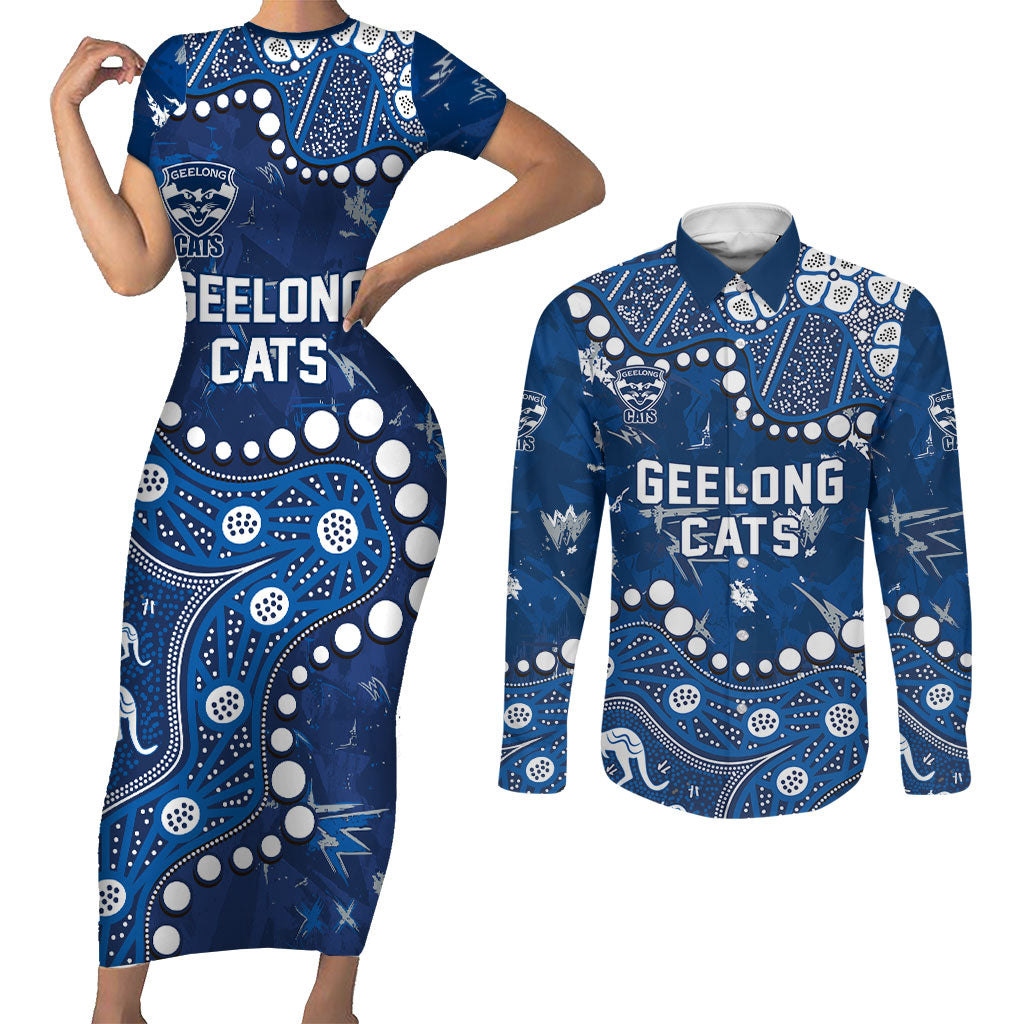 Personalized Geelong Cats Couples Matching Short Sleeve Bodycon Dress and Long Sleeve Button Shirt Aboriginal Pattern with Graffiti Style
