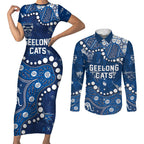 Personalized Geelong Cats Couples Matching Short Sleeve Bodycon Dress and Long Sleeve Button Shirt Aboriginal Pattern with Graffiti Style