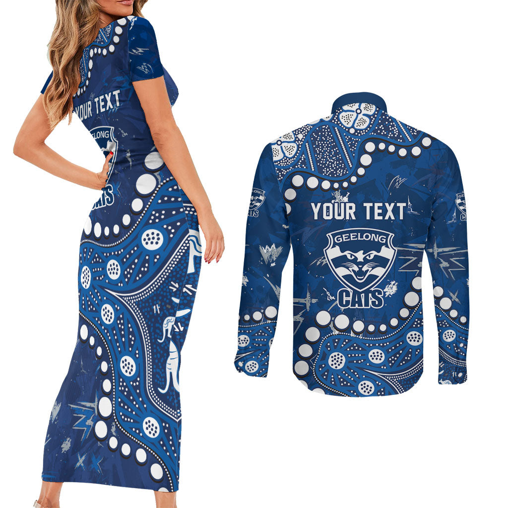 Personalized Geelong Cats Couples Matching Short Sleeve Bodycon Dress and Long Sleeve Button Shirt Aboriginal Pattern with Graffiti Style