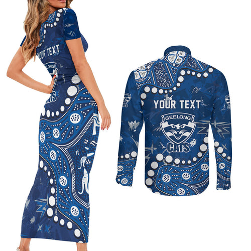 Personalized Geelong Cats Couples Matching Short Sleeve Bodycon Dress and Long Sleeve Button Shirt Aboriginal Pattern with Graffiti Style