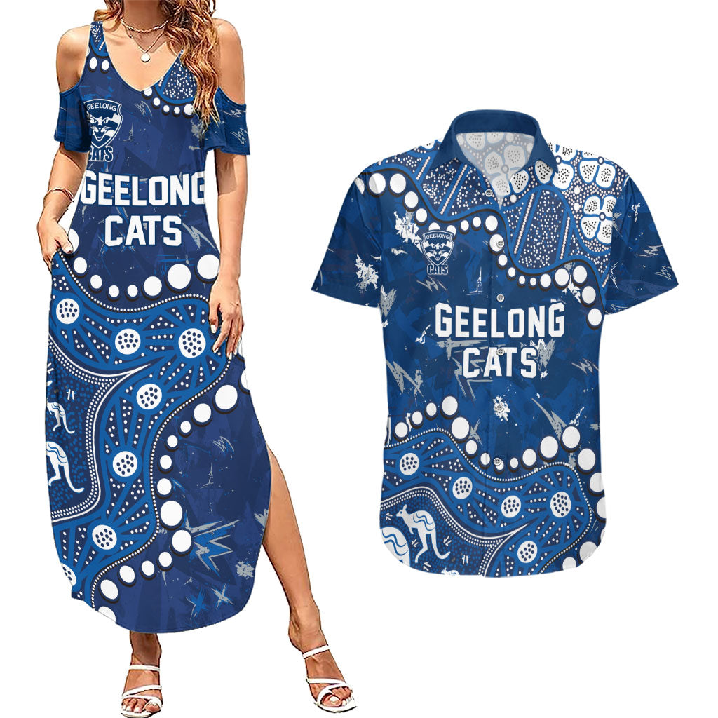 Personalized Geelong Cats Couples Matching Summer Maxi Dress and Hawaiian Shirt Aboriginal Pattern with Graffiti Style