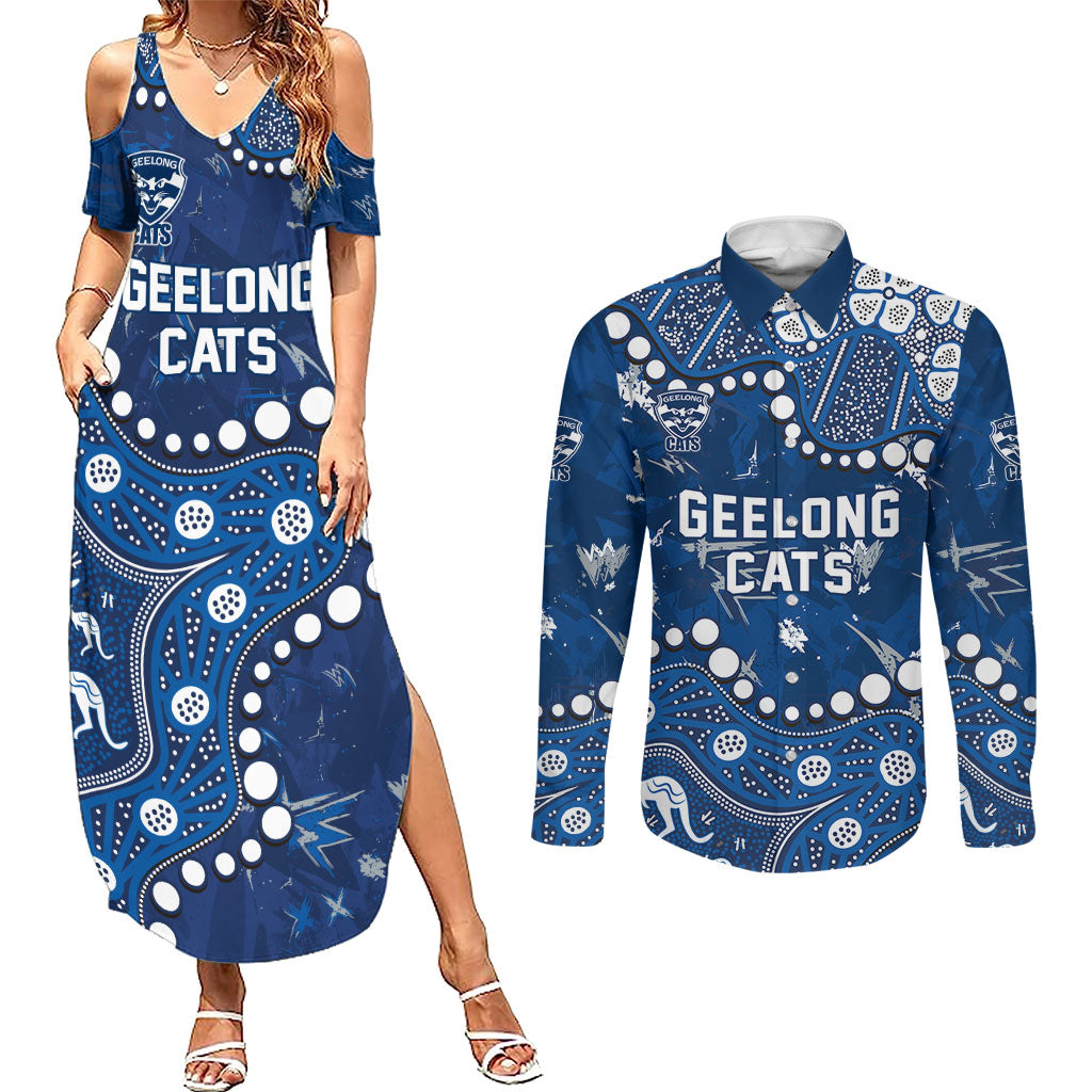 Personalized Geelong Cats Couples Matching Summer Maxi Dress and Long Sleeve Button Shirt Aboriginal Pattern with Graffiti Style