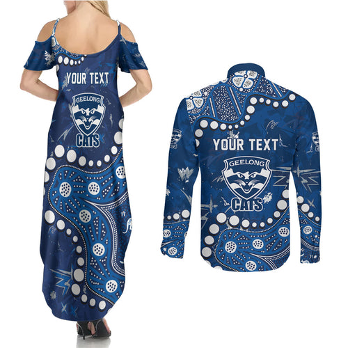 Personalized Geelong Cats Couples Matching Summer Maxi Dress and Long Sleeve Button Shirt Aboriginal Pattern with Graffiti Style
