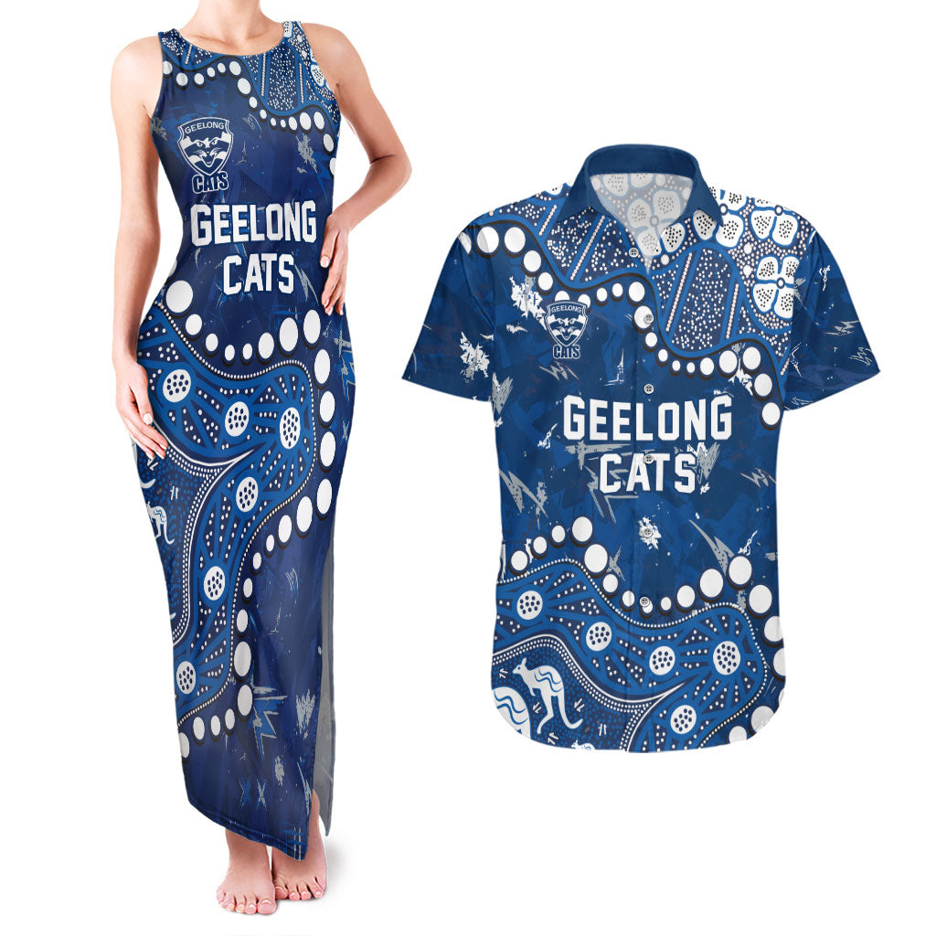 Personalized Geelong Cats Couples Matching Tank Maxi Dress and Hawaiian Shirt Aboriginal Pattern with Graffiti Style