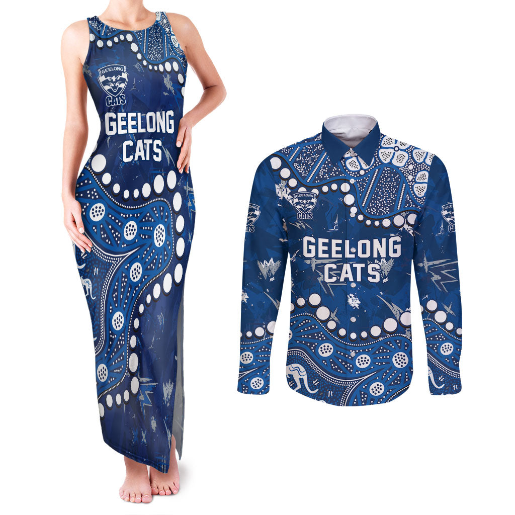 Personalized Geelong Cats Couples Matching Tank Maxi Dress and Long Sleeve Button Shirt Aboriginal Pattern with Graffiti Style