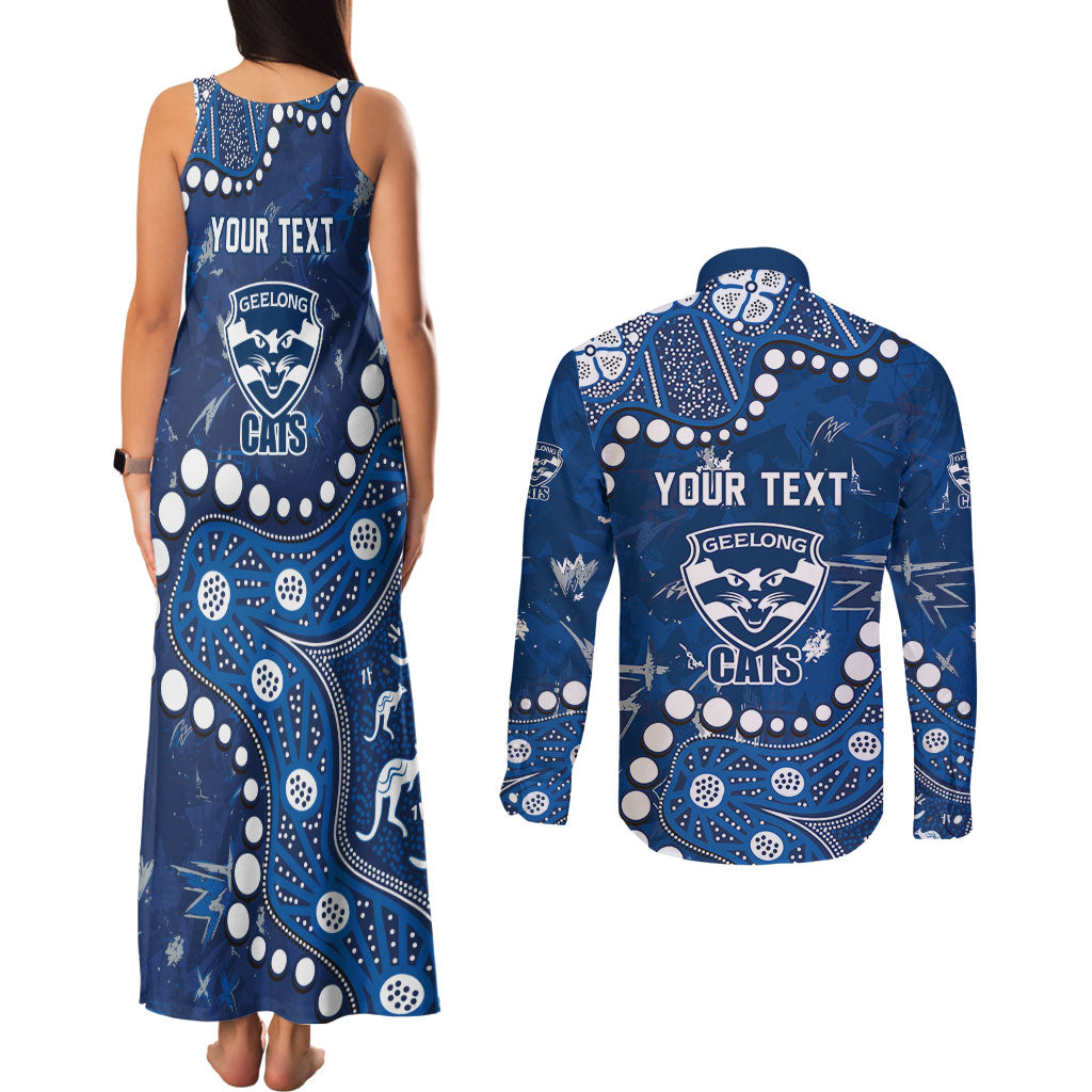 Personalized Geelong Cats Couples Matching Tank Maxi Dress and Long Sleeve Button Shirt Aboriginal Pattern with Graffiti Style