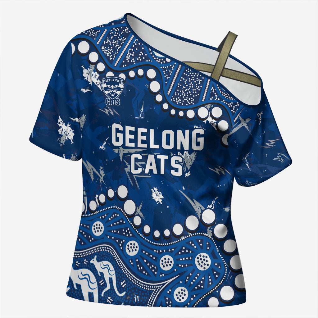 Personalized Geelong Cats Cross Shoulder Shirt Aboriginal Pattern with Graffiti Style