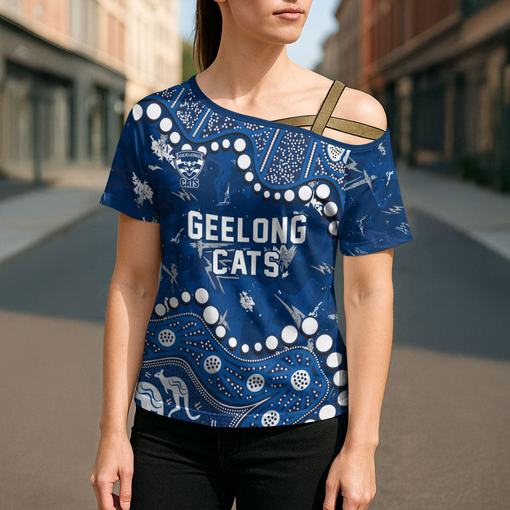 Personalized Geelong Cats Cross Shoulder Shirt Aboriginal Pattern with Graffiti Style
