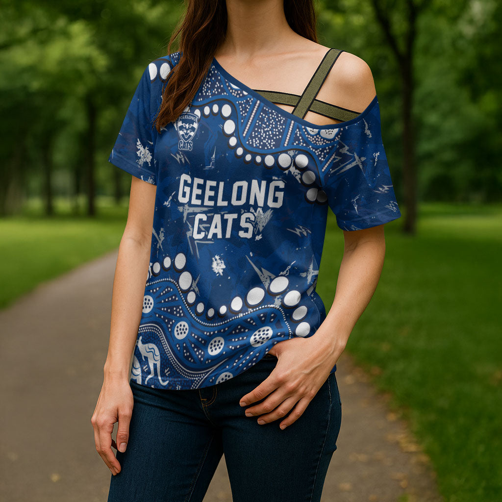 Personalized Geelong Cats Cross Shoulder Shirt Aboriginal Pattern with Graffiti Style