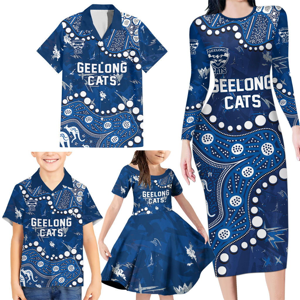 Personalized Geelong Cats Family Matching Long Sleeve Bodycon Dress and Hawaiian Shirt Aboriginal Pattern with Graffiti Style