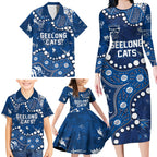 Personalized Geelong Cats Family Matching Long Sleeve Bodycon Dress and Hawaiian Shirt Aboriginal Pattern with Graffiti Style