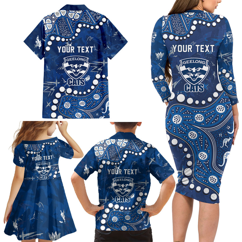 Personalized Geelong Cats Family Matching Long Sleeve Bodycon Dress and Hawaiian Shirt Aboriginal Pattern with Graffiti Style