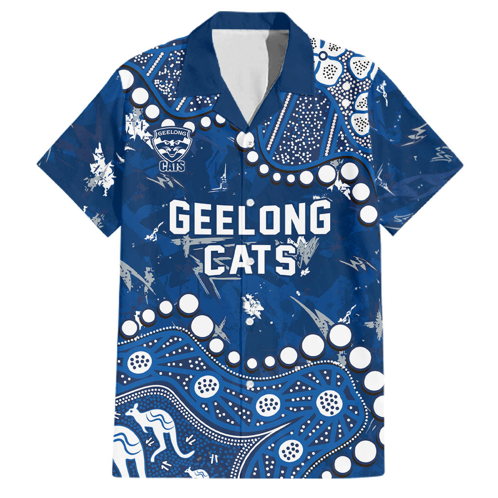 Personalized Geelong Cats Family Matching Long Sleeve Bodycon Dress and Hawaiian Shirt Aboriginal Pattern with Graffiti Style