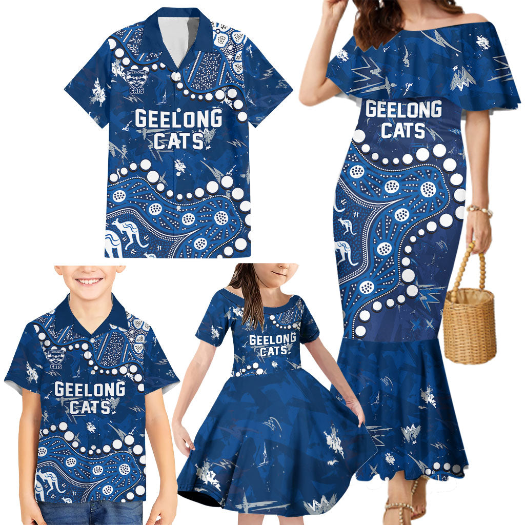 Personalized Geelong Cats Family Matching Mermaid Dress and Hawaiian Shirt Aboriginal Pattern with Graffiti Style