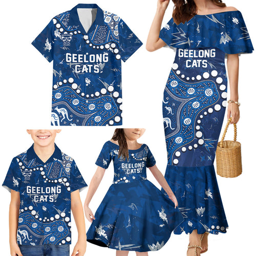 Personalized Geelong Cats Family Matching Mermaid Dress and Hawaiian Shirt Aboriginal Pattern with Graffiti Style