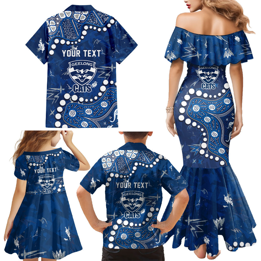 Personalized Geelong Cats Family Matching Mermaid Dress and Hawaiian Shirt Aboriginal Pattern with Graffiti Style