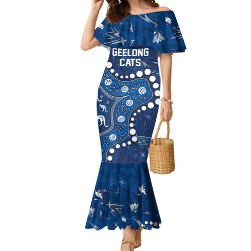 Personalized Geelong Cats Family Matching Mermaid Dress and Hawaiian Shirt Aboriginal Pattern with Graffiti Style