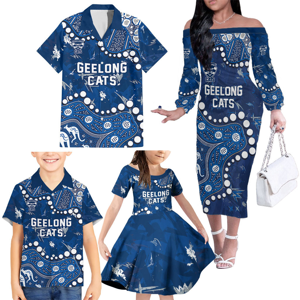 Personalized Geelong Cats Family Matching Off The Shoulder Long Sleeve Dress and Hawaiian Shirt Aboriginal Pattern with Graffiti Style