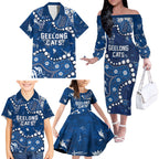 Personalized Geelong Cats Family Matching Off The Shoulder Long Sleeve Dress and Hawaiian Shirt Aboriginal Pattern with Graffiti Style
