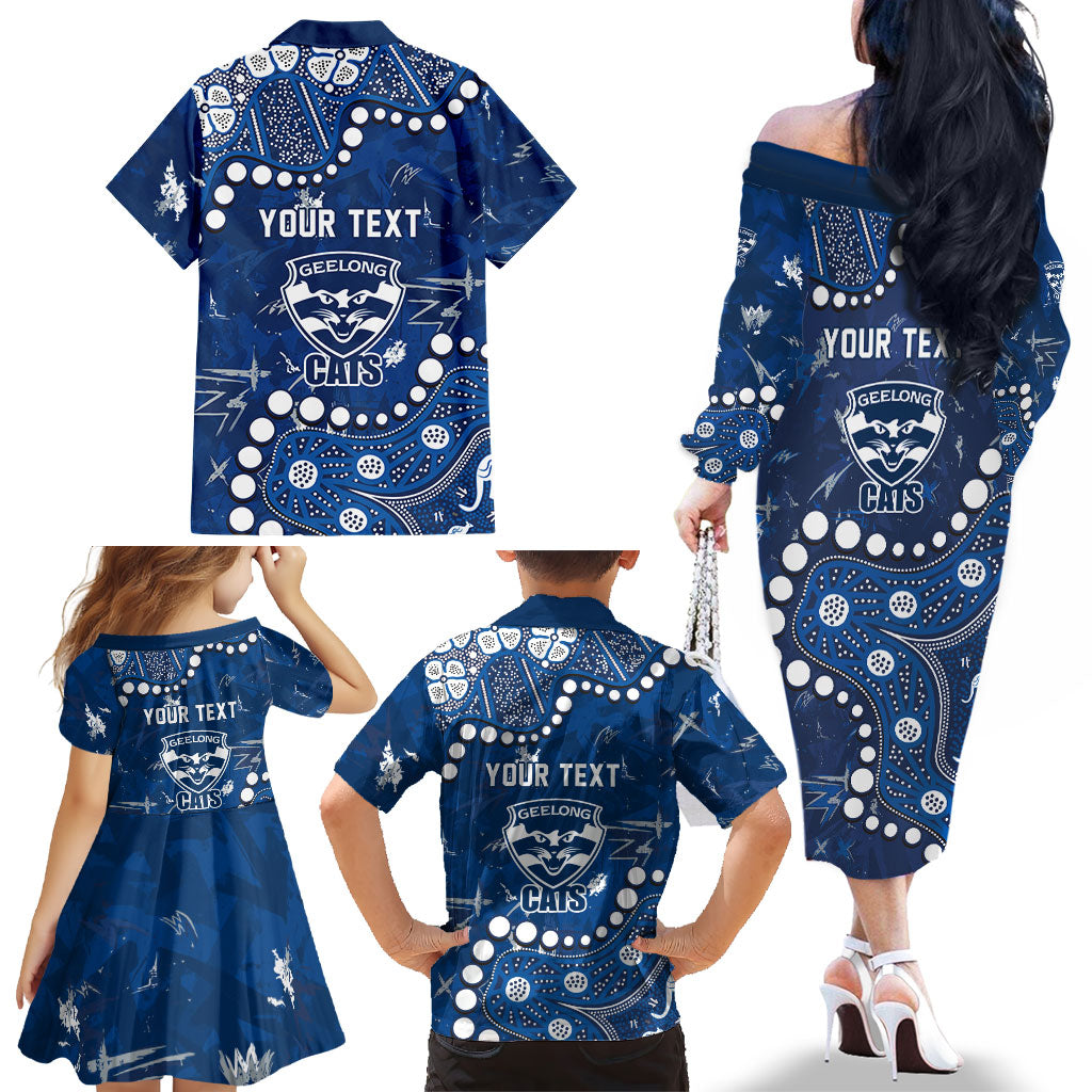 Personalized Geelong Cats Family Matching Off The Shoulder Long Sleeve Dress and Hawaiian Shirt Aboriginal Pattern with Graffiti Style