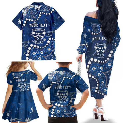 Personalized Geelong Cats Family Matching Off The Shoulder Long Sleeve Dress and Hawaiian Shirt Aboriginal Pattern with Graffiti Style