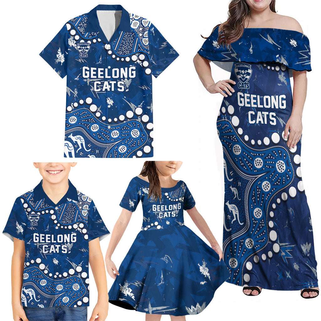 Personalized Geelong Cats Family Matching Off Shoulder Maxi Dress and Hawaiian Shirt Aboriginal Pattern with Graffiti Style