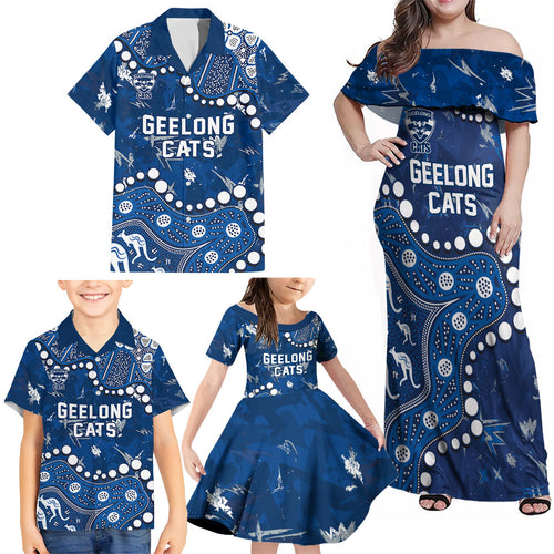 Personalized Geelong Cats Family Matching Off Shoulder Maxi Dress and Hawaiian Shirt Aboriginal Pattern with Graffiti Style