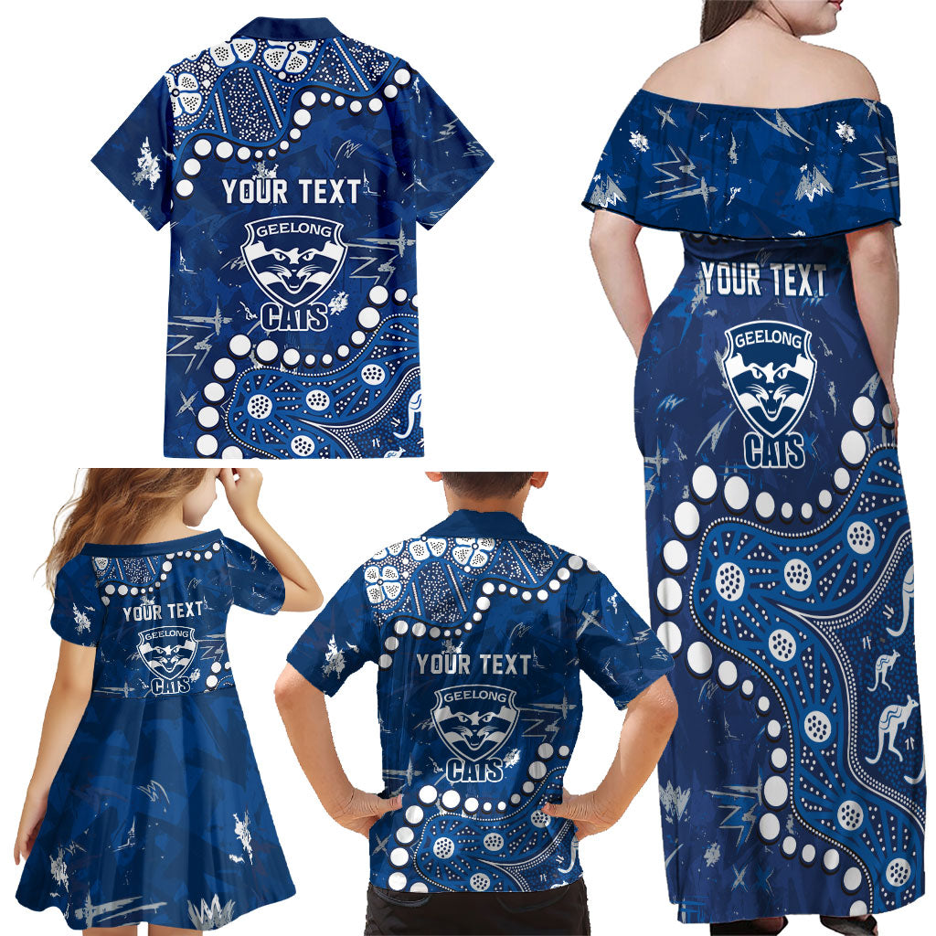 Personalized Geelong Cats Family Matching Off Shoulder Maxi Dress and Hawaiian Shirt Aboriginal Pattern with Graffiti Style
