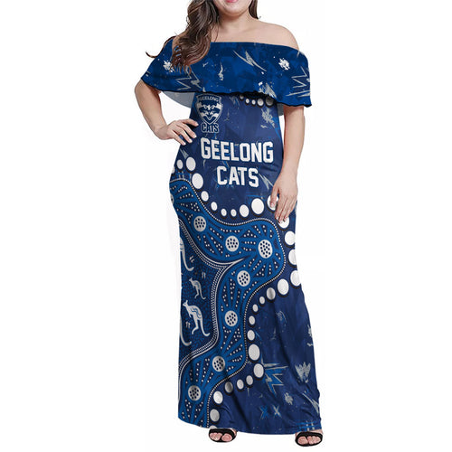 Personalized Geelong Cats Family Matching Off Shoulder Maxi Dress and Hawaiian Shirt Aboriginal Pattern with Graffiti Style