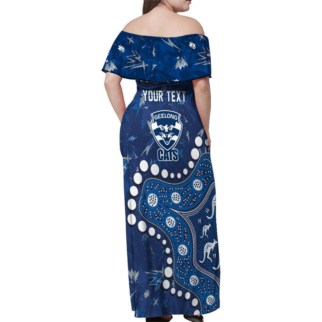 Personalized Geelong Cats Family Matching Off Shoulder Maxi Dress and Hawaiian Shirt Aboriginal Pattern with Graffiti Style