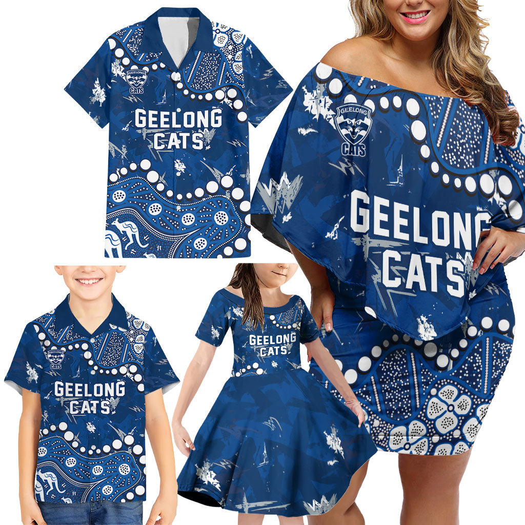 Personalized Geelong Cats Family Matching Off Shoulder Short Dress and Hawaiian Shirt Aboriginal Pattern with Graffiti Style