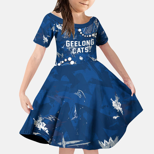 Personalized Geelong Cats Family Matching Off Shoulder Short Dress and Hawaiian Shirt Aboriginal Pattern with Graffiti Style