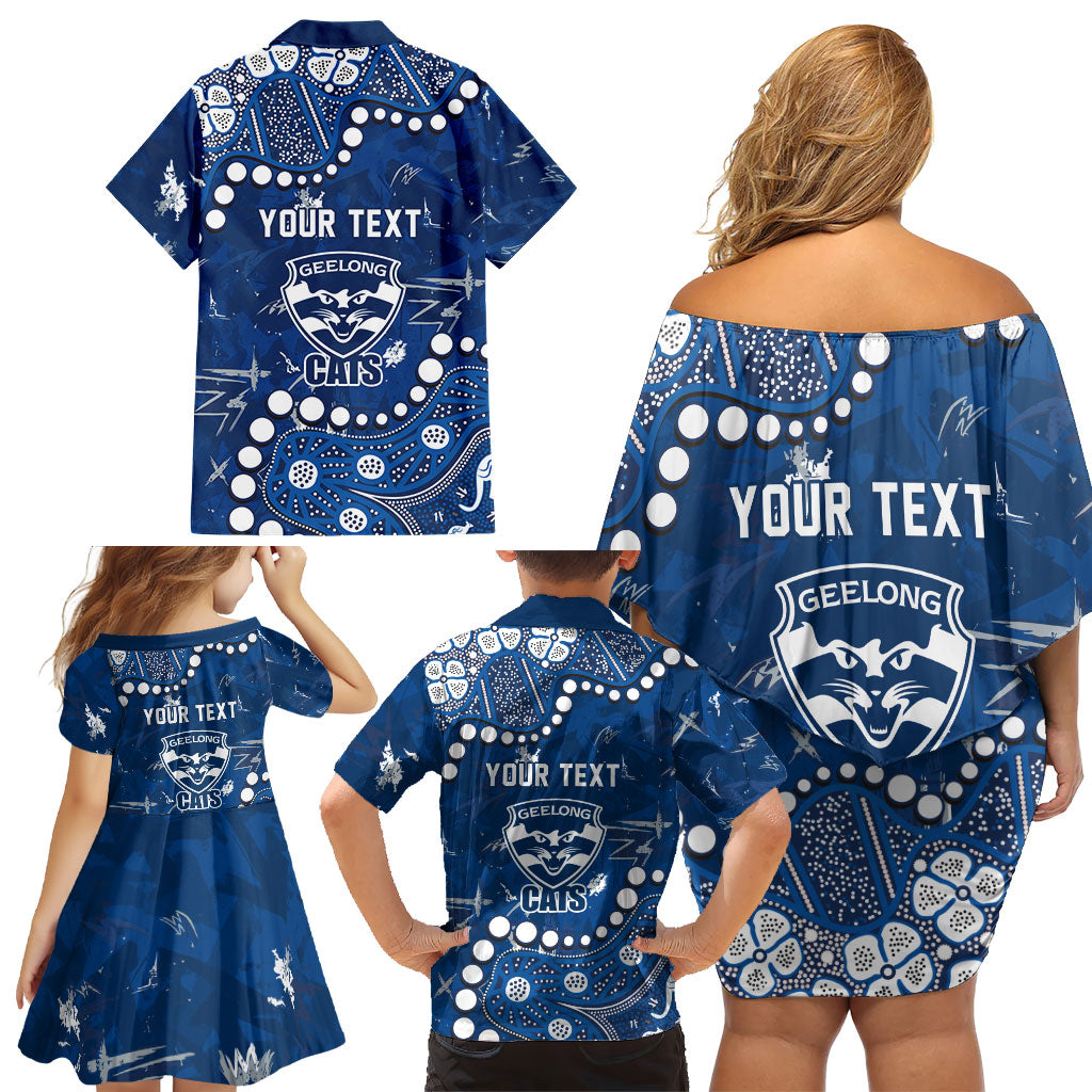 Personalized Geelong Cats Family Matching Off Shoulder Short Dress and Hawaiian Shirt Aboriginal Pattern with Graffiti Style