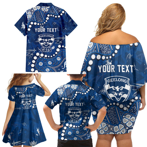 Personalized Geelong Cats Family Matching Off Shoulder Short Dress and Hawaiian Shirt Aboriginal Pattern with Graffiti Style
