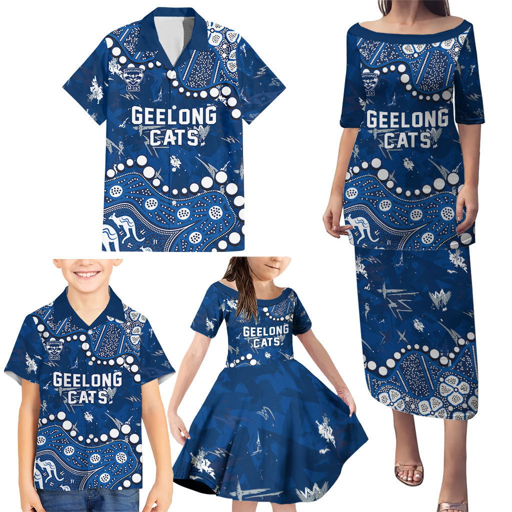 Personalized Geelong Cats Family Matching Puletasi and Hawaiian Shirt Aboriginal Pattern with Graffiti Style