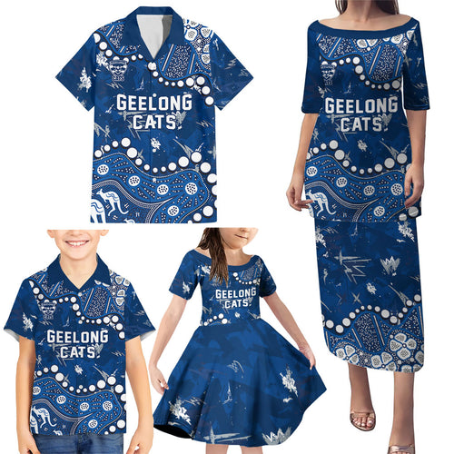Personalized Geelong Cats Family Matching Puletasi and Hawaiian Shirt Aboriginal Pattern with Graffiti Style