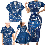 Personalized Geelong Cats Family Matching Short Sleeve Bodycon Dress and Hawaiian Shirt Aboriginal Pattern with Graffiti Style