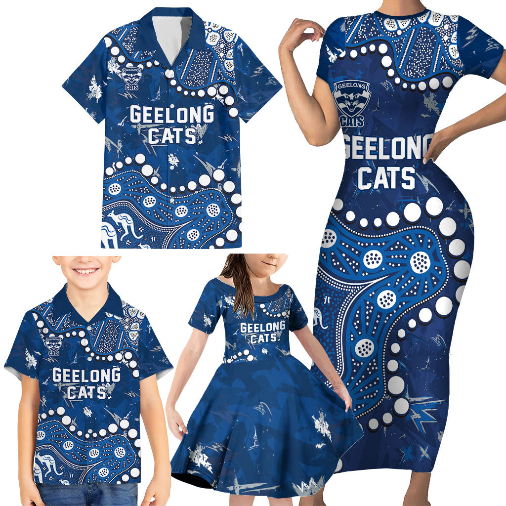Personalized Geelong Cats Family Matching Short Sleeve Bodycon Dress and Hawaiian Shirt Aboriginal Pattern with Graffiti Style