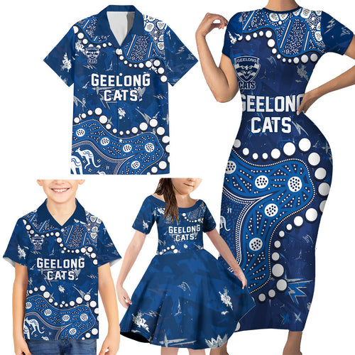 Personalized Geelong Cats Family Matching Short Sleeve Bodycon Dress and Hawaiian Shirt Aboriginal Pattern with Graffiti Style