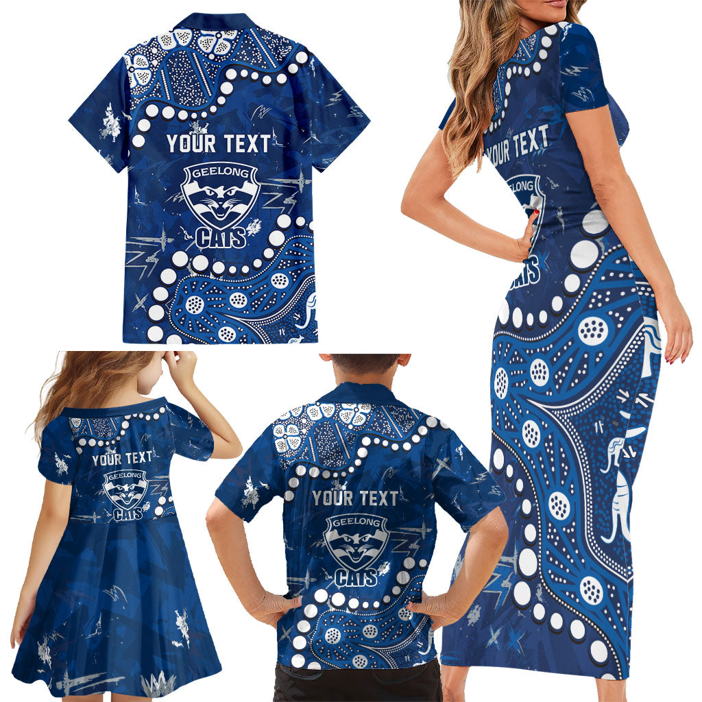Personalized Geelong Cats Family Matching Short Sleeve Bodycon Dress and Hawaiian Shirt Aboriginal Pattern with Graffiti Style