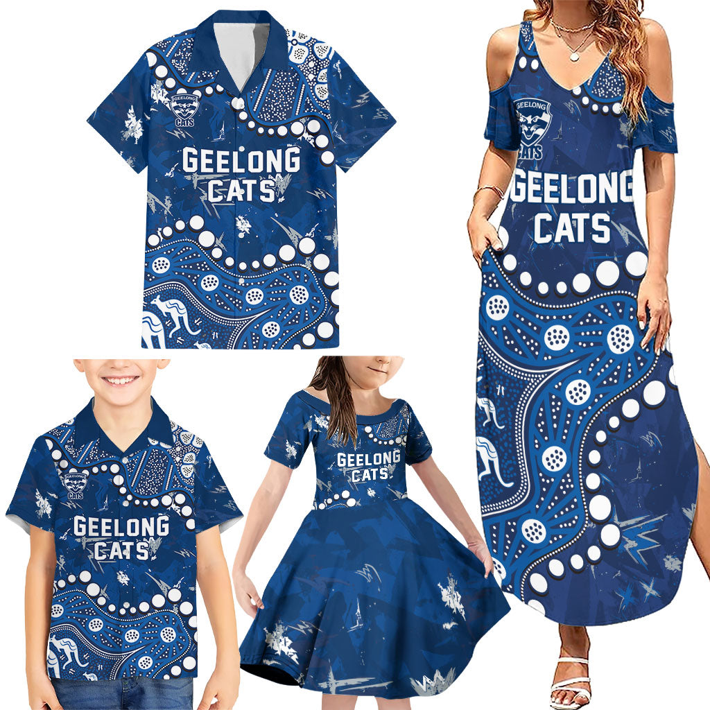 Personalized Geelong Cats Family Matching Summer Maxi Dress and Hawaiian Shirt Aboriginal Pattern with Graffiti Style