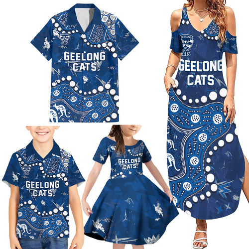 Personalized Geelong Cats Family Matching Summer Maxi Dress and Hawaiian Shirt Aboriginal Pattern with Graffiti Style