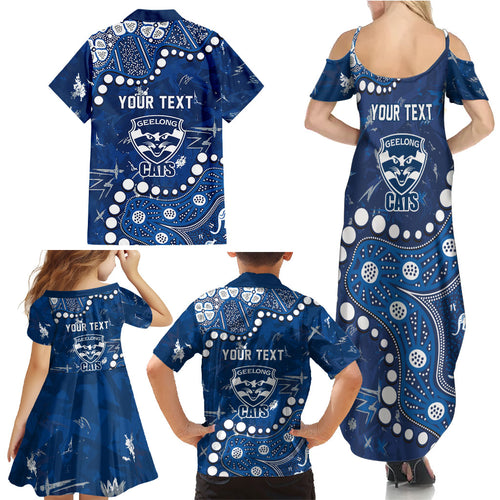 Personalized Geelong Cats Family Matching Summer Maxi Dress and Hawaiian Shirt Aboriginal Pattern with Graffiti Style
