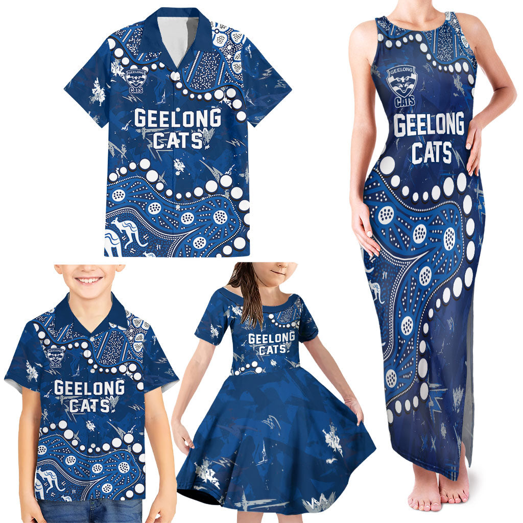 Personalized Geelong Cats Family Matching Tank Maxi Dress and Hawaiian Shirt Aboriginal Pattern with Graffiti Style